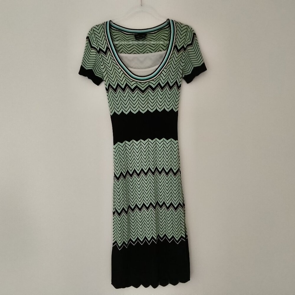 Max & Cleo round neck black and green striped knit dress size S
